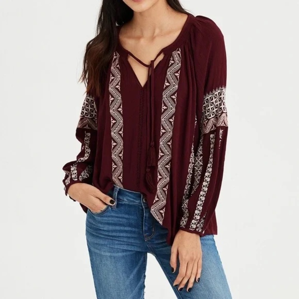 American Eagle Outfitters Burgundy Embroidered Peasant Blouse